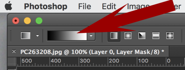 Screenshot da ferramenta de gradiente no Adobe Photoshop