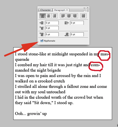 Screenshot illustrating the paragraph tool with auto hyphenation turned on in Adobe InDesign