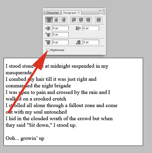 Screenshot illustrating the paragraph tool with check box to turn on or off auto hyphenation in Adobe InDesign