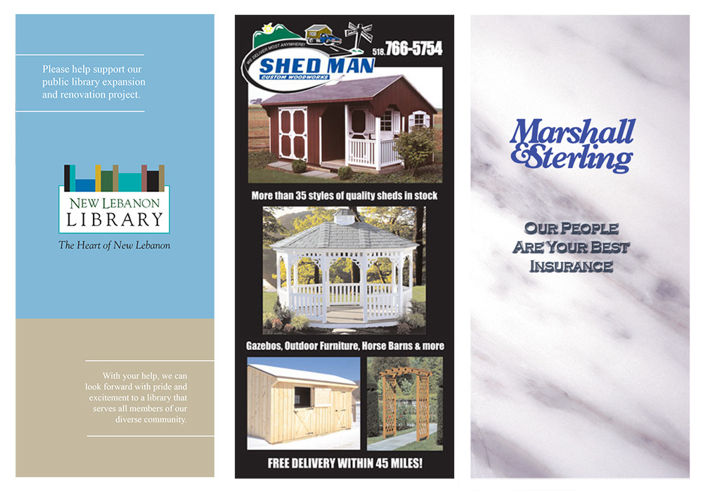 Brochure design for the New Lebanon Library, Shed Man, and Marshall and Sterling Insurance - designed by Trevellyan.biz, Columbia County's graphic designer