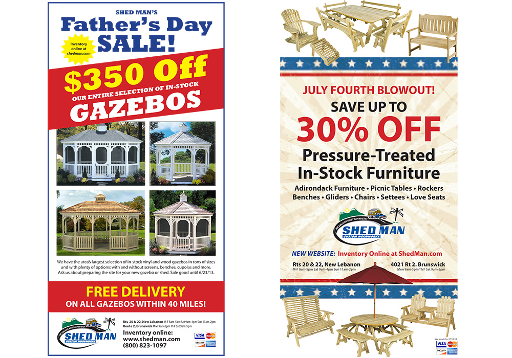 Full page newspaper display ads for Shed Man - designed by Trevellyan.biz, Columbia County, NY graphic designer