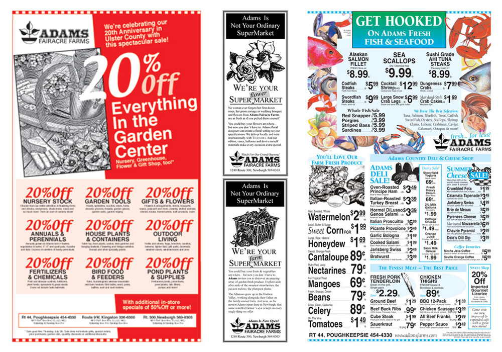 Newspaper display ads for Adams Fairacre Farms - designed by Trevellyan.biz, Columbia County, NY graphic designer