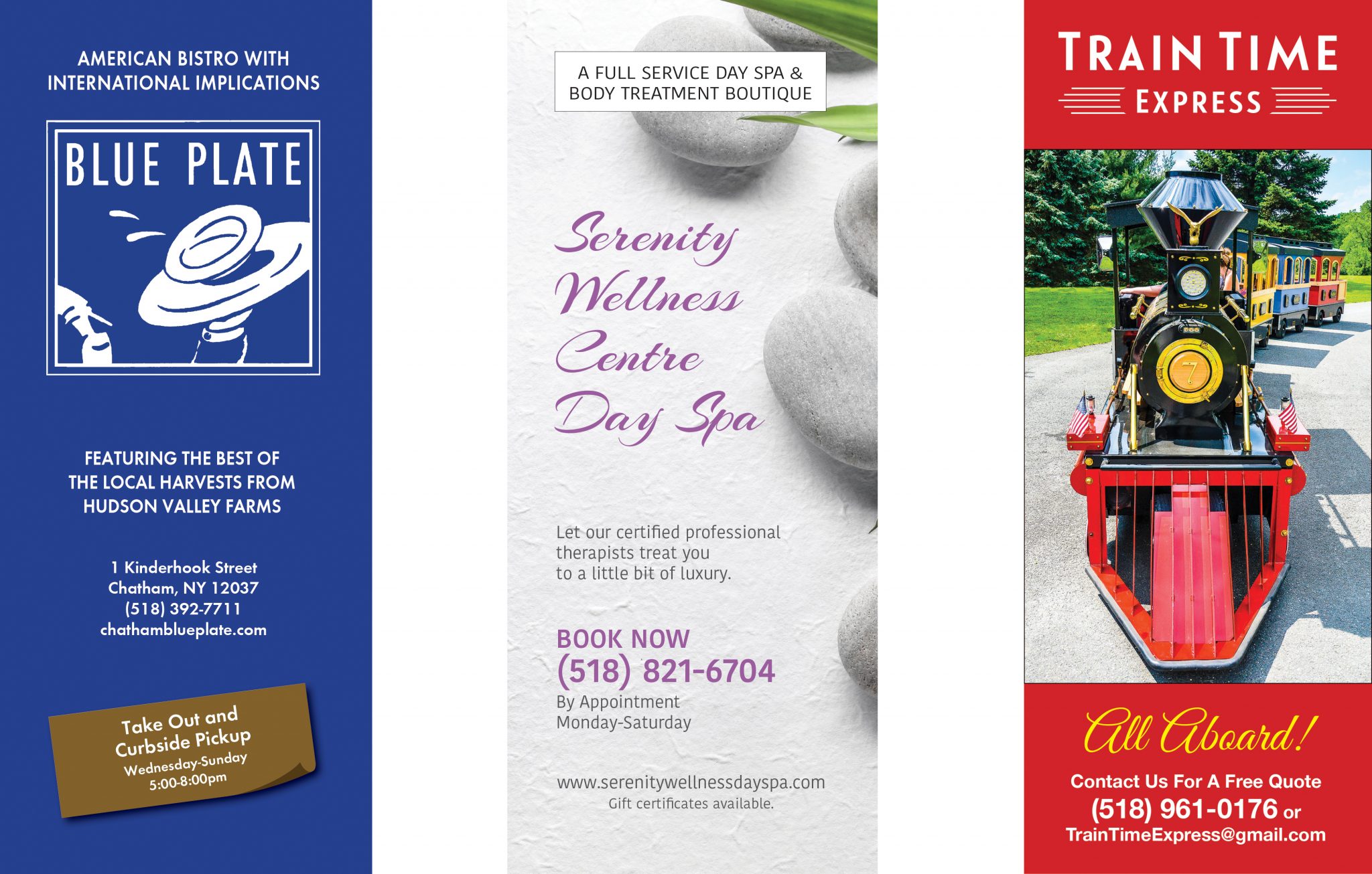 Blue Plate, Serenity Wellness Centre Day Spa and Train Time Express brochure covers