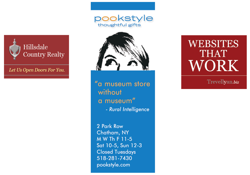 Digital display ads, online advertising, for Hillsdale Country Realty, pookstyle thoughtful gifts, and Trevellyan.biz - designed by Trevellyan.biz, Columbia County, NY graphic designer