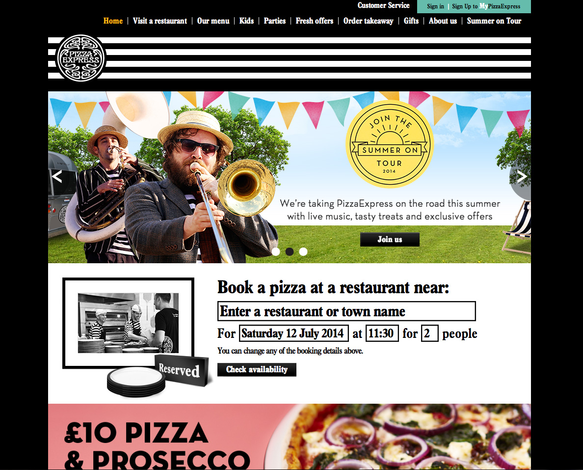 Best Restaurant website: Pizza Express website homepage