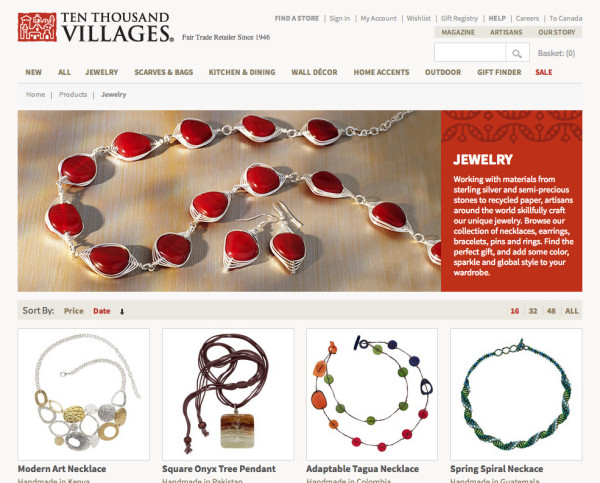 Ten Thousand Villages website jewelry page