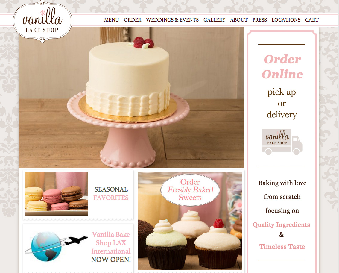 Vanilla Bake Shop website homepage