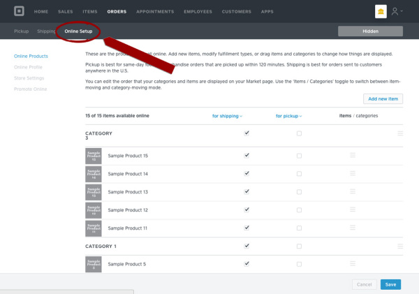 How To Reorder Items In Square Marketplace Store Click on Online Setup