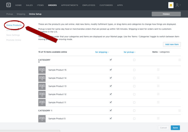 How To Reorder Items In Square Marketplace Store - Click on Online Products in the sidebar.
