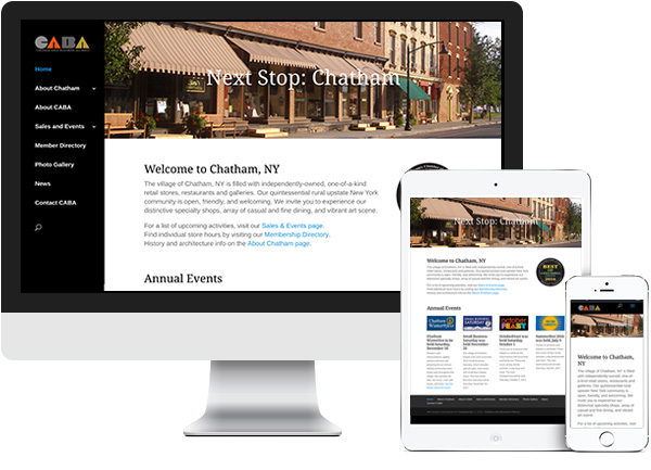Chatham Area Business Alliance (CABA) website on desktop, tablet and phone
