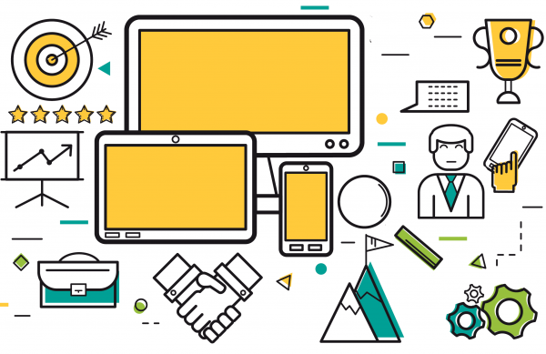 Illustration of a desktop computer and a tablet surrounded by assorted computer-related graphics