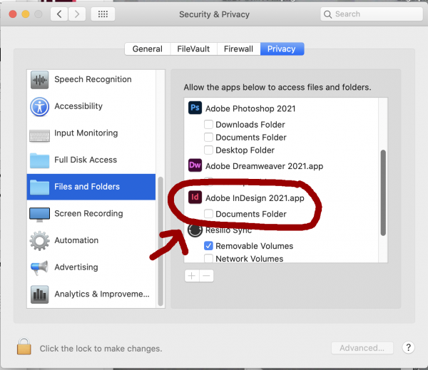 Screenshot of System Preferences Privacy panel with File and Folders selected and Adobe InDesign circled