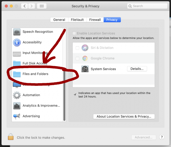 Screenshot of Catalina Systems Preferences Security and Privacy panel with File and Folders file selected