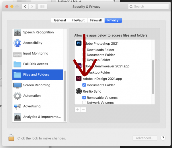 Screenshot of Catalina System Preferences Privacy panel with File and Folders selected and Adobe InDesign checked