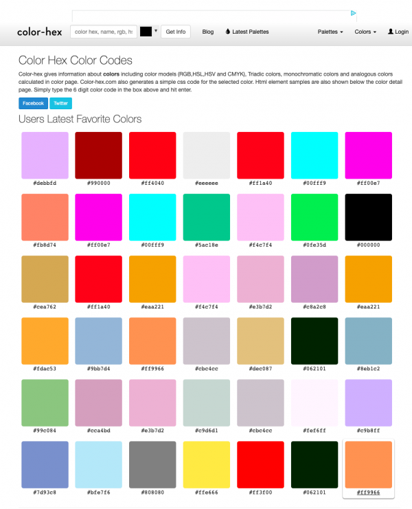 Screenshot of the Users Latest Favorite Colors Hex Color Codes