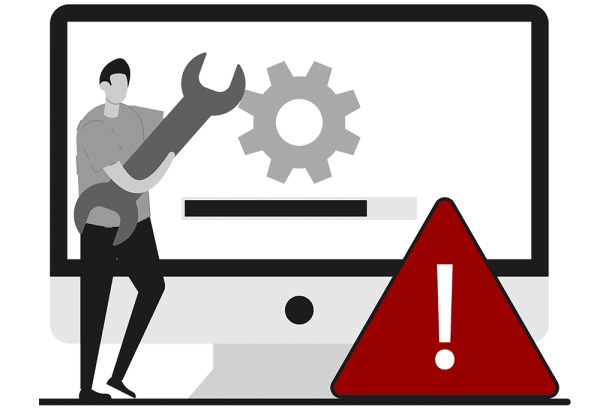 Computer repair graphic. Man standing in front of an enormous computer monitor, holding a wrench.