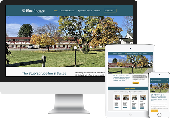 The Blue Spruce Inn & Suites website on desktop, tablet and phone