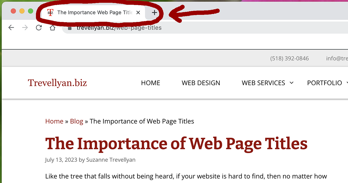 arrows pointing to where the page title is displayed on a web page