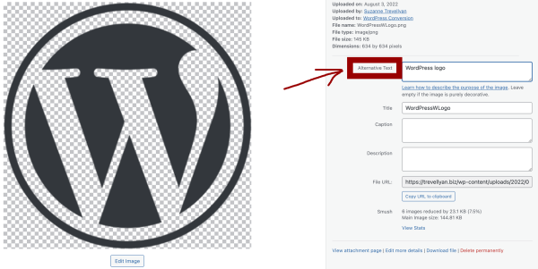Screenshot of WordPress backend highlighting the Alternative Text box